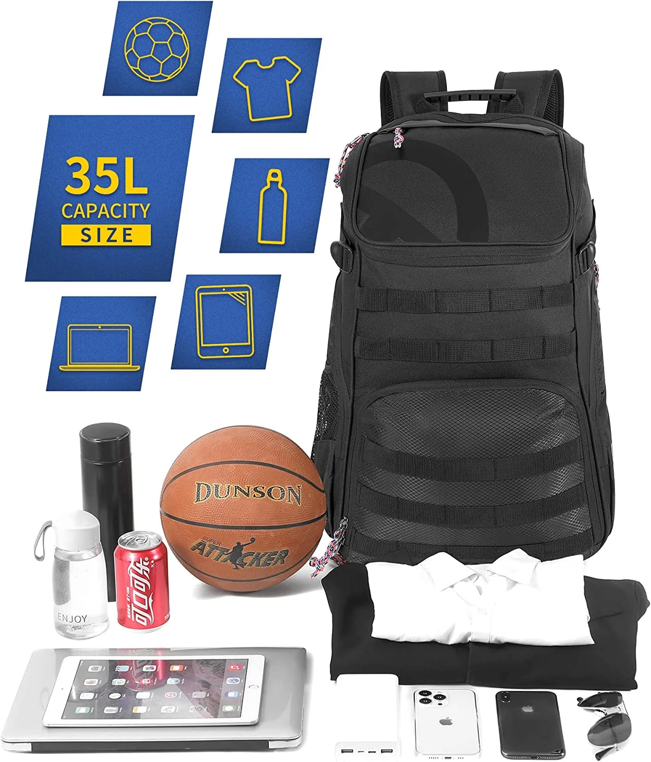 Large Basketball Backpack Bag with Ball Compartment and Shoe Pocket Outdoor Sports Equipment Bag Black Tk