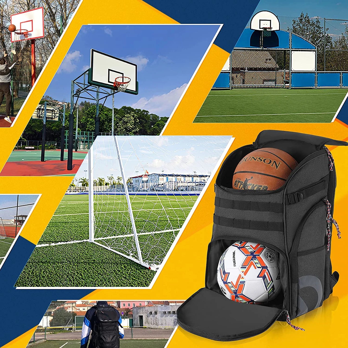 Large Basketball Backpack Bag with Ball Compartment and Shoe Pocket Outdoor Sports Equipment Bag Black Tk
